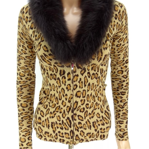 CACHE Zipper Sweater SMALL Leopard Animal Print Fox Fur Collar Knit Cardigan Top - Picture 3 of 12